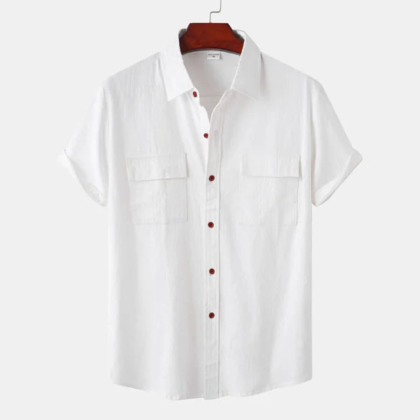 Camisa informal de manga corta para hombre con bolsillos delanteros y cierre de botones