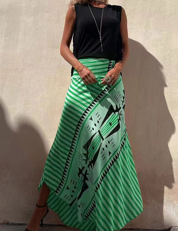 Falda larga de cintura alta con estampado tribal para mujer y dobladillo fluido