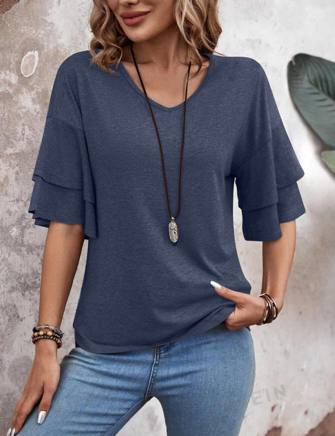 Blusa con cuello en V y mangas con volantes para mujer