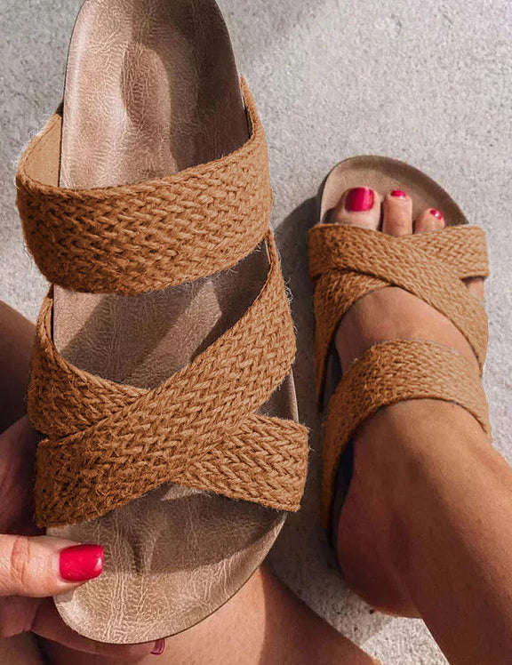Sandalias de cuña para mujer con tiras trenzadas cruzadas estilo cáñamo