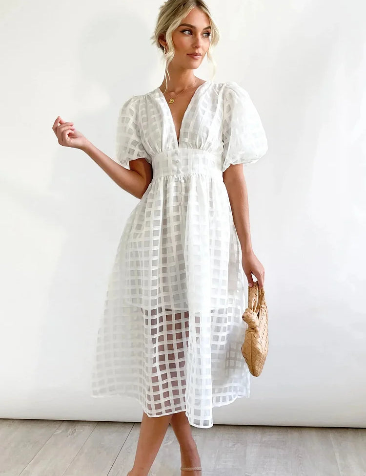 Vestido midi de mujer con mangas abullonadas y estampado de cuadrícula