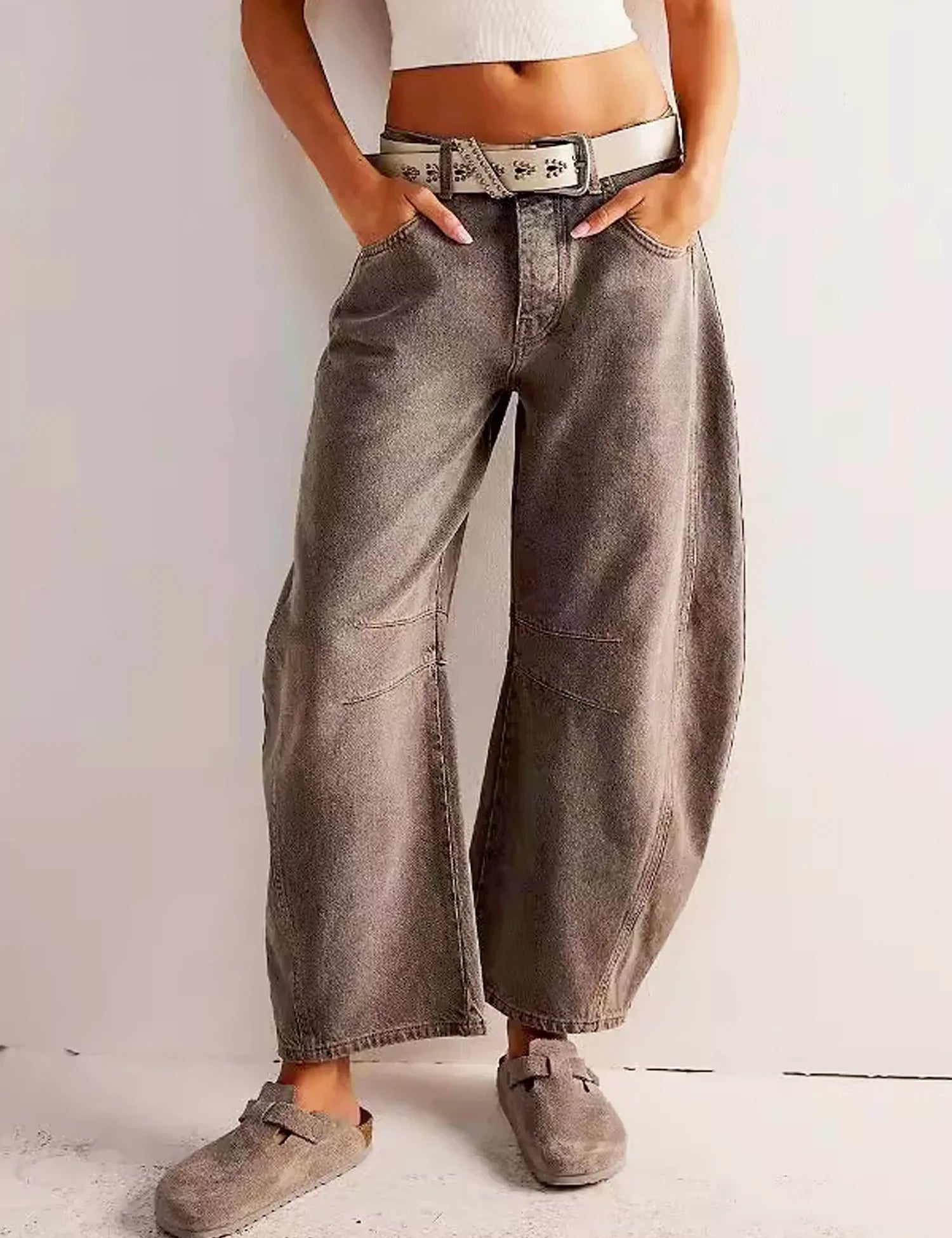 Vaqueros de barril con estampado de leopardo para mujer