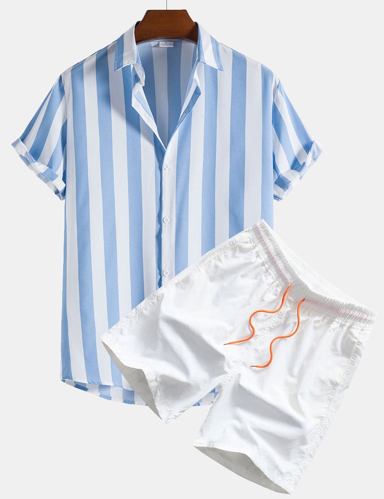 Conjunto de dos piezas de camisa a rayas con botones y shorts de baño para hombre