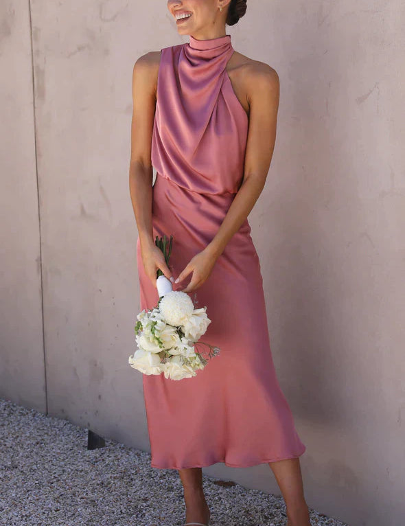 Vestido largo elegante con lentejuelas y cuello vuelto sin mangas para mujer