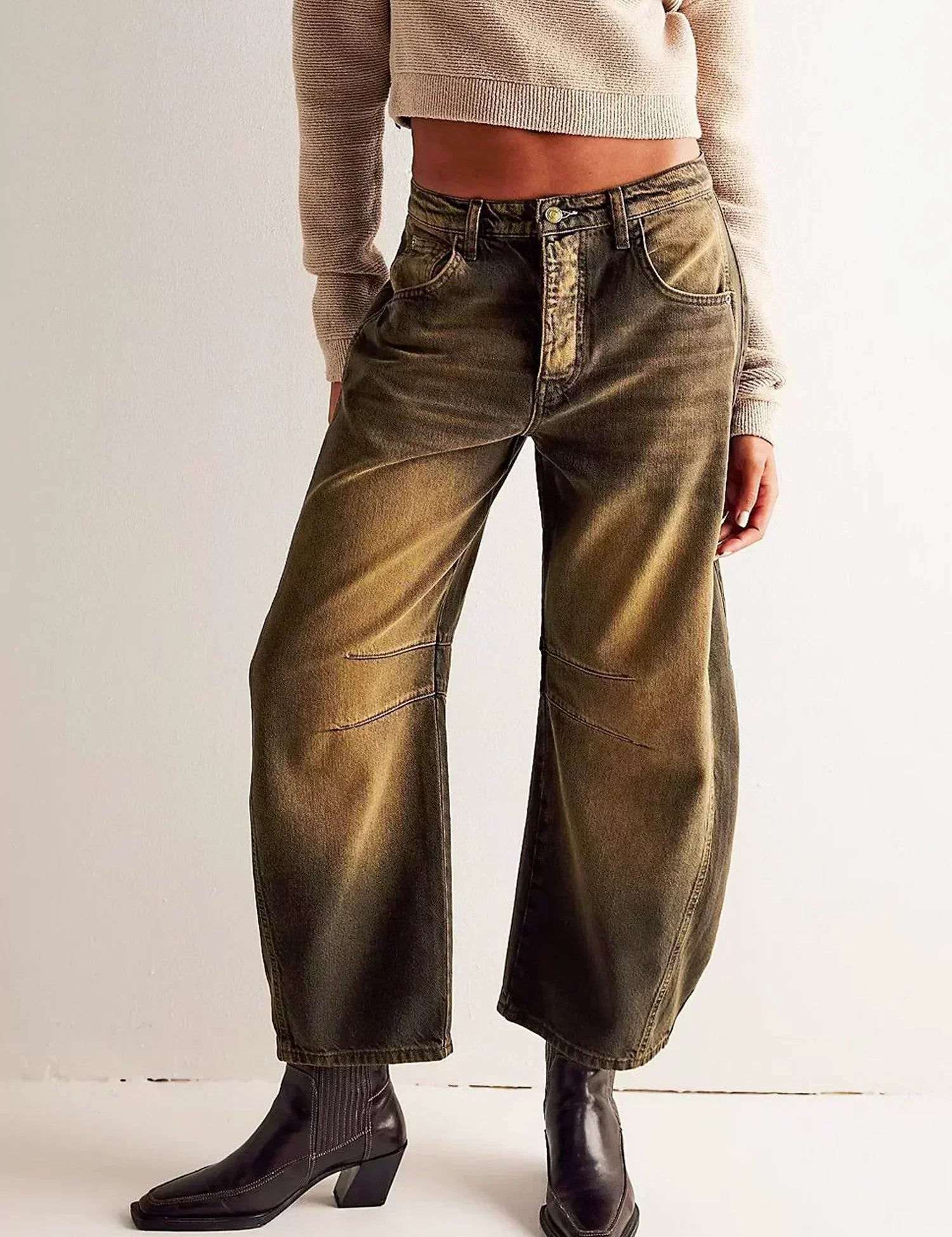 Vaqueros de barril con estampado de leopardo para mujer