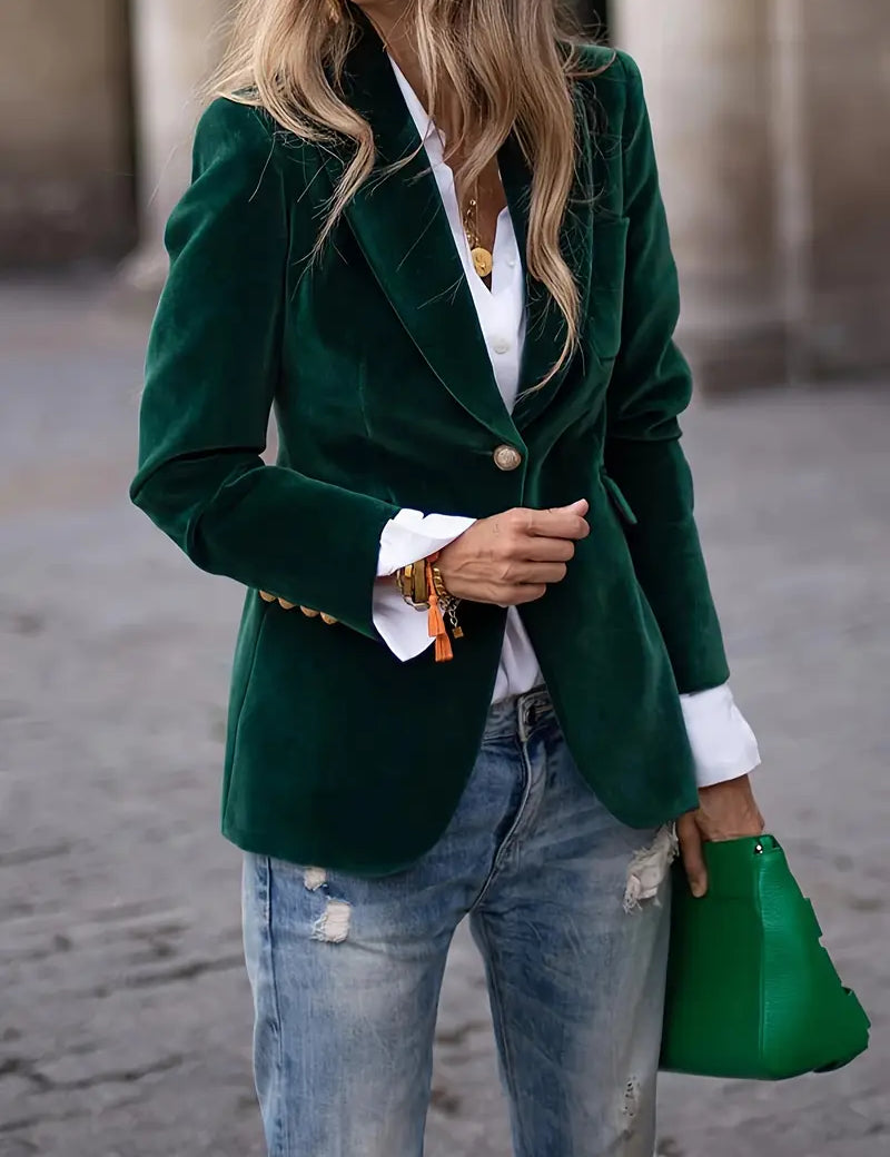 Blazer entallado para mujer con botones dorados y solapas afiladas