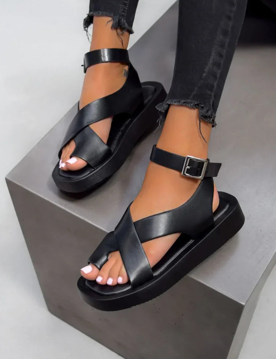Sandalias de plataforma para mujer con tiras cruzadas y hebilla en el tobillo