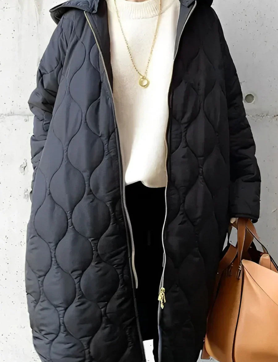 Abrigo acolchado con capucha para mujer, cremallera completa y silueta larga
