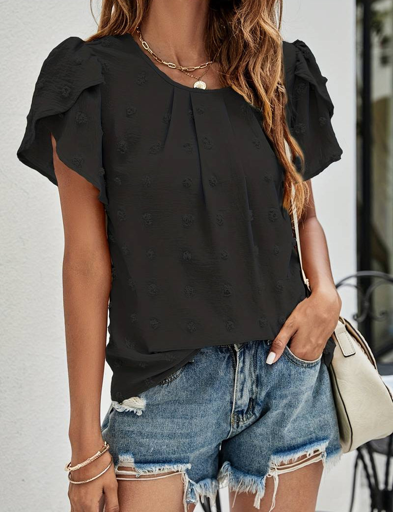 Blusa elegante de lunares suizos para mujer con mangas de pétalos