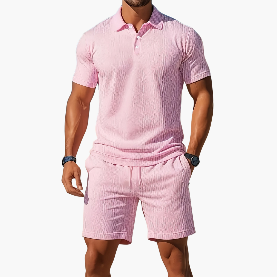 Conjunto de polo y pantalón corto de manga corta para hombre con cintura con cordón