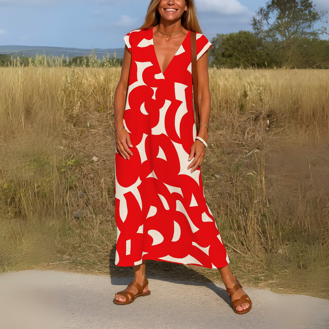 Vestido largo de mujer con escote en V, estampado abstracto y mangas cortas