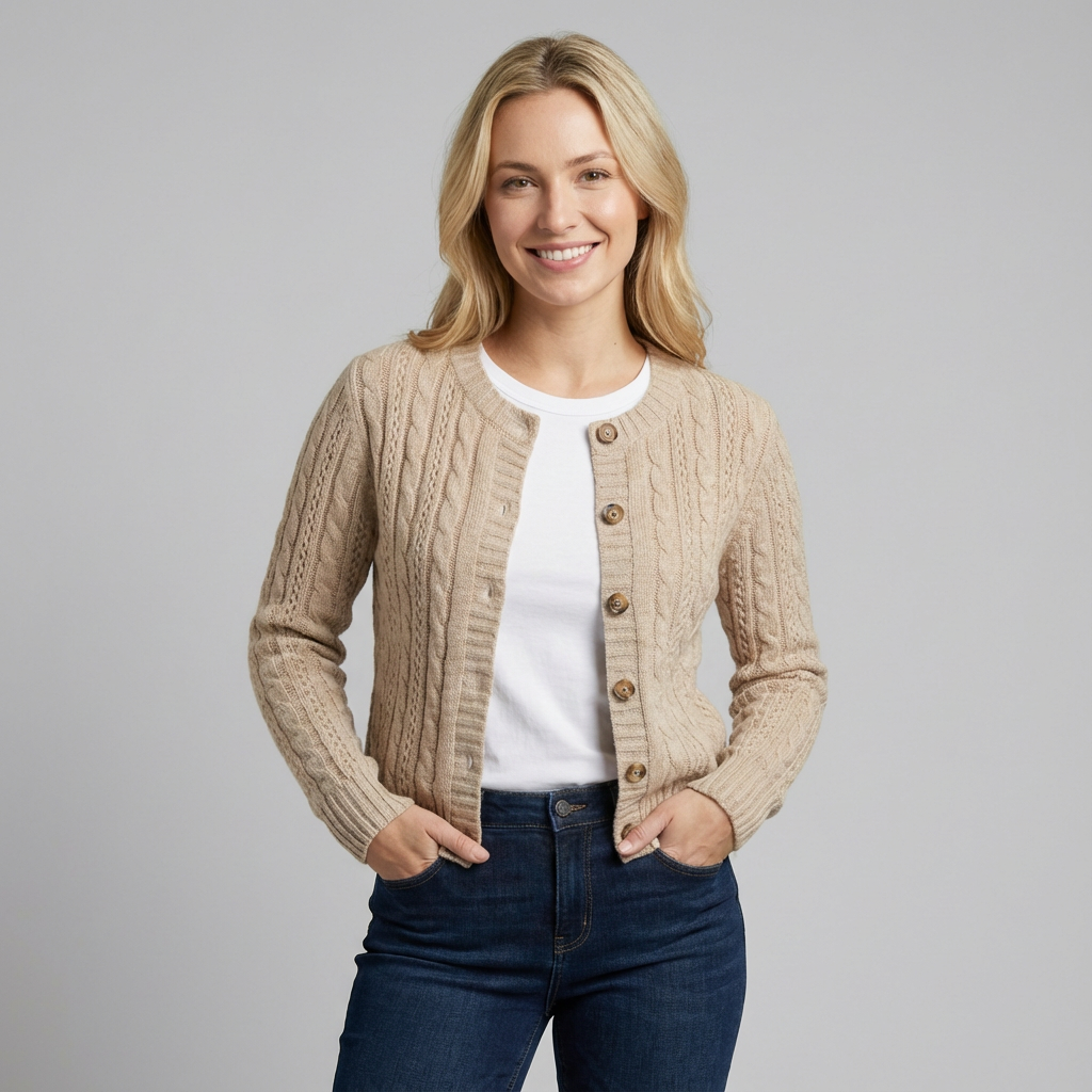 Cárdigan de punto trenzado de corte entallado para mujer con cierre frontal con botones