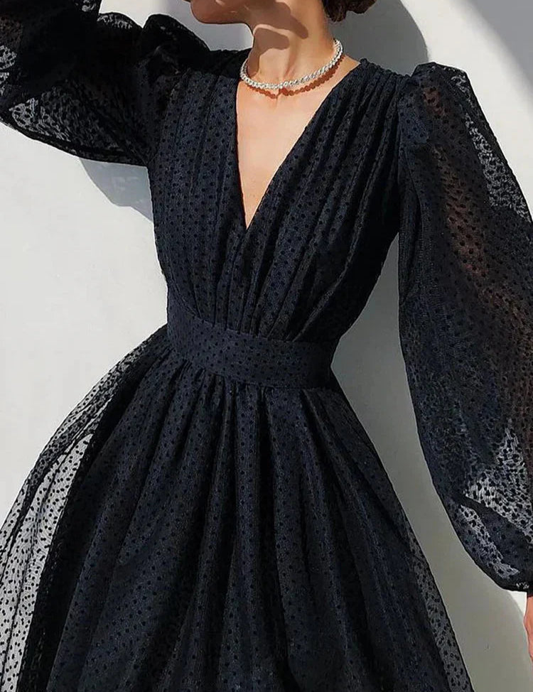Vestido midi de lunares con cuello en V y manga larga para mujer