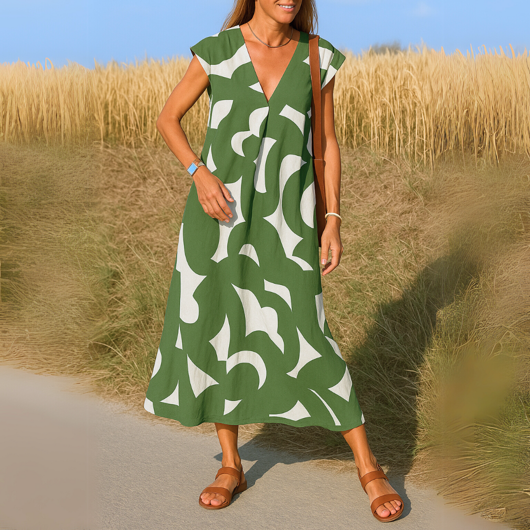 Vestido largo de mujer con escote en V, estampado abstracto y mangas cortas