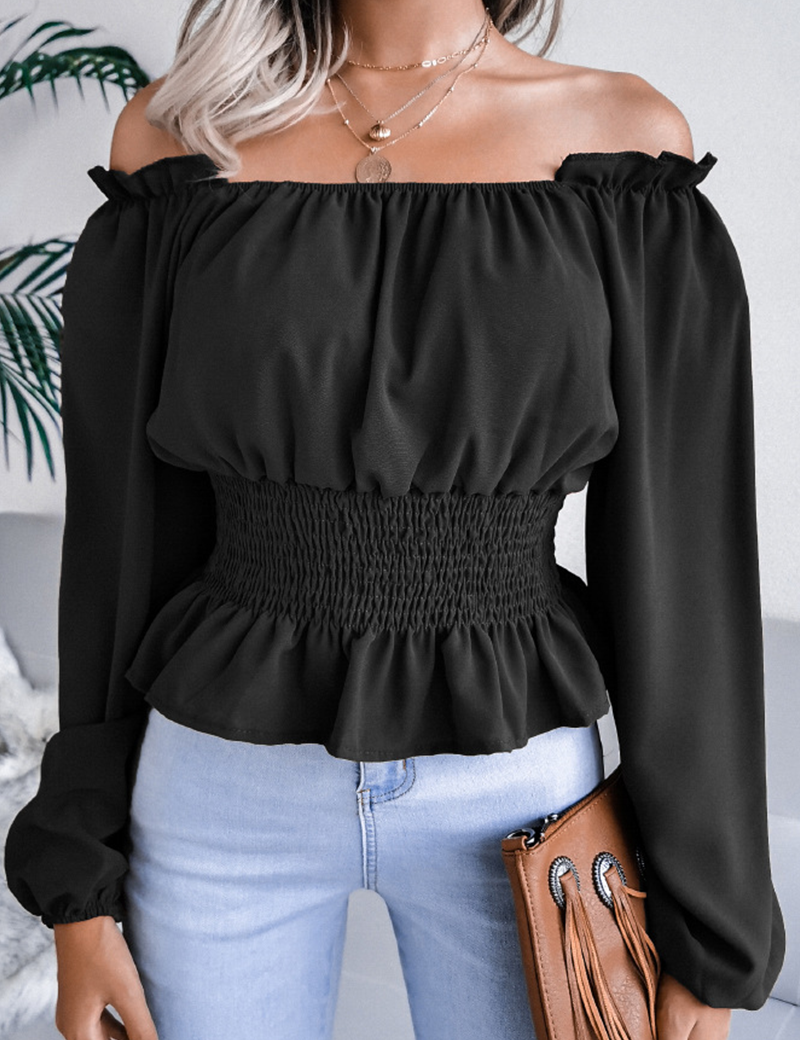 Blusa de mujer con hombros descubiertos, cintura fruncida y bajo con volantes