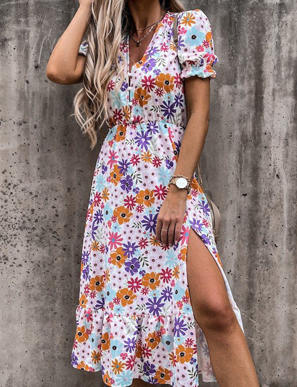 Vestido largo floral para mujer con escote en V y detalle de abertura lateral