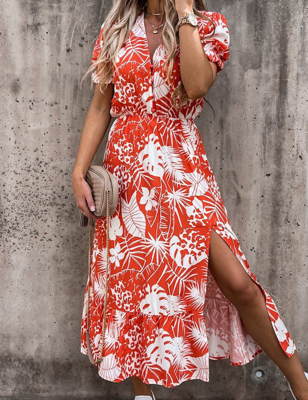 Vestido informal de manga corta con estampado tropical para mujer