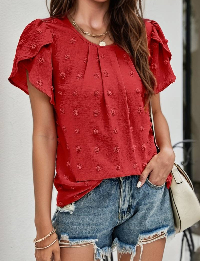 Blusa elegante de lunares suizos para mujer con mangas de pétalos