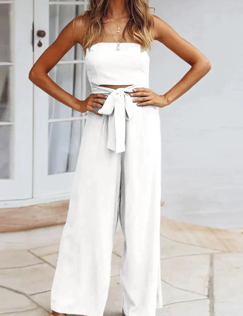 Conjunto de dos piezas sin tirantes con lazo en la cintura y pantalones anchos para mujer