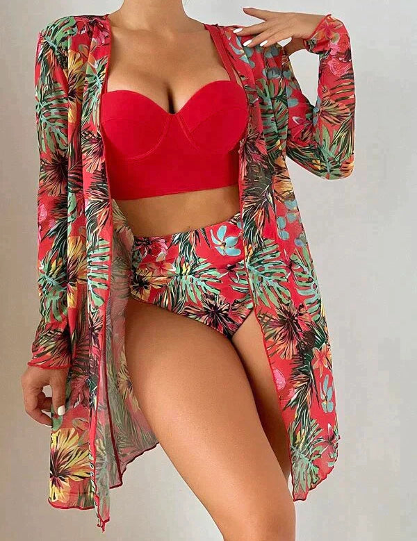 Conjunto de bikini de 3 piezas para mujer con braguita de cintura alta y traje de baño transparente