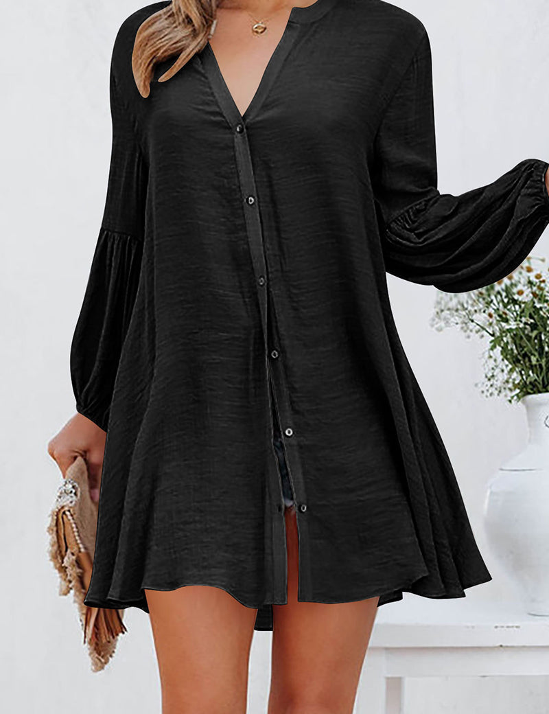 Vestido camisero tipo túnica con botones para mujer, mangas acampanadas y cuello en V