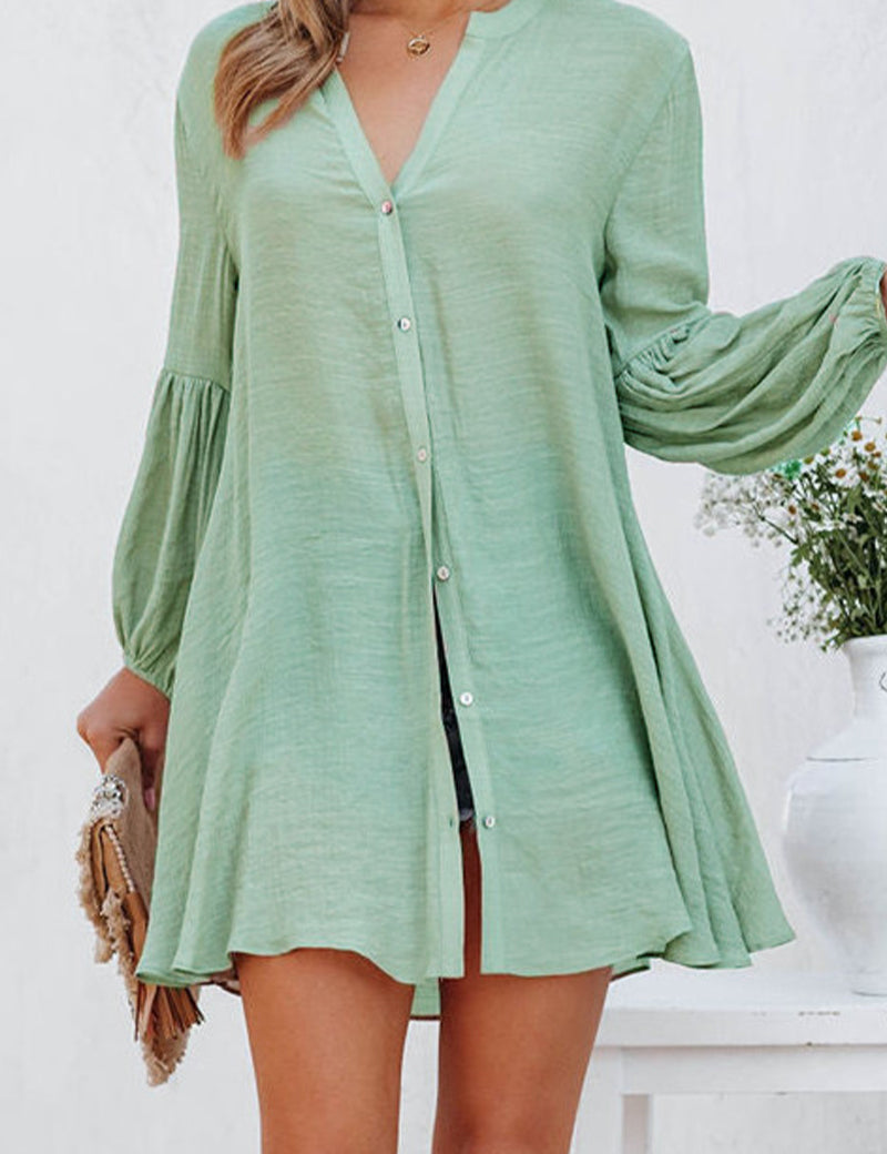 Vestido camisero tipo túnica con botones para mujer, mangas acampanadas y cuello en V