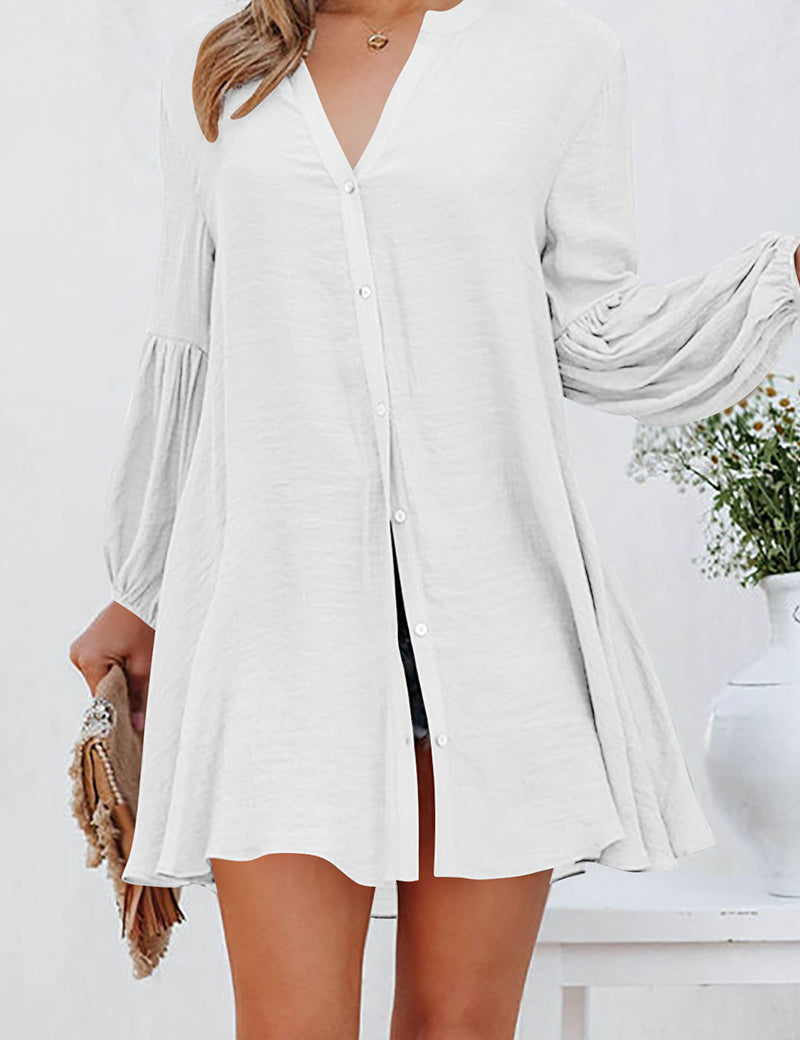 Vestido camisero tipo túnica con botones para mujer, mangas acampanadas y cuello en V