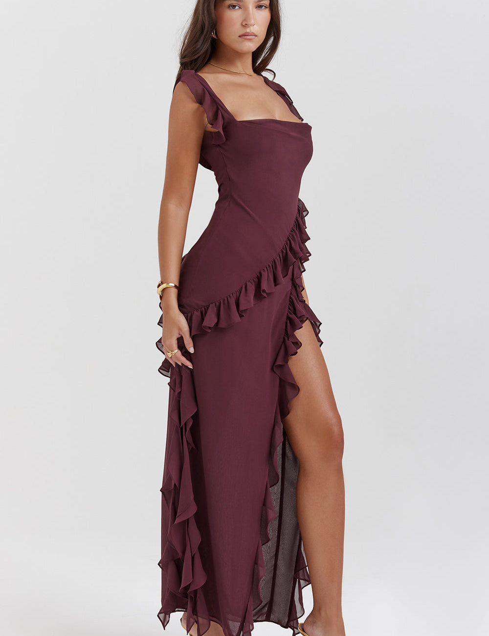 Women's Elegant Ruffle Maxi Dress with Thigh Split