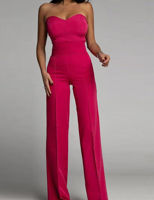 Mono sin tirantes para mujer con corpiño ajustado y pantalones acampanados