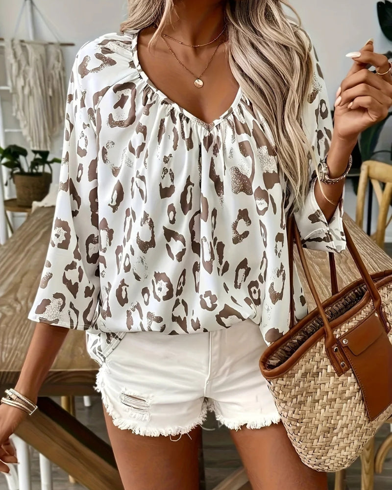 Blusa de manga larga con estampado de leopardo y escote fruncido para mujer