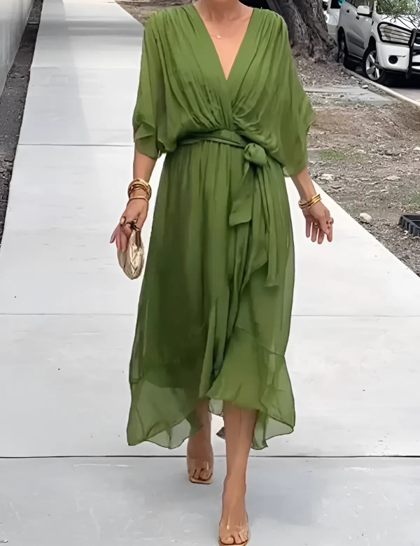 Vestido midi ligero con cuello en V y mangas drapeadas para mujer