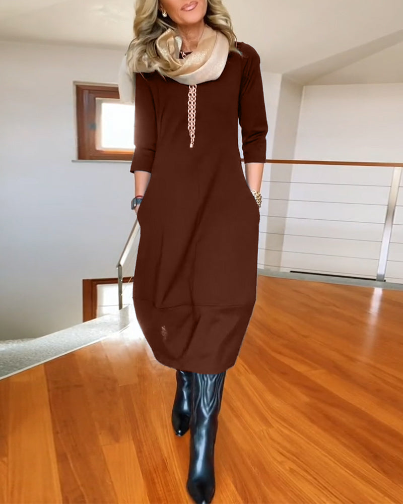 Vestido midi elegante para mujer: estilo minimalista de trabajo con mangas 3/4