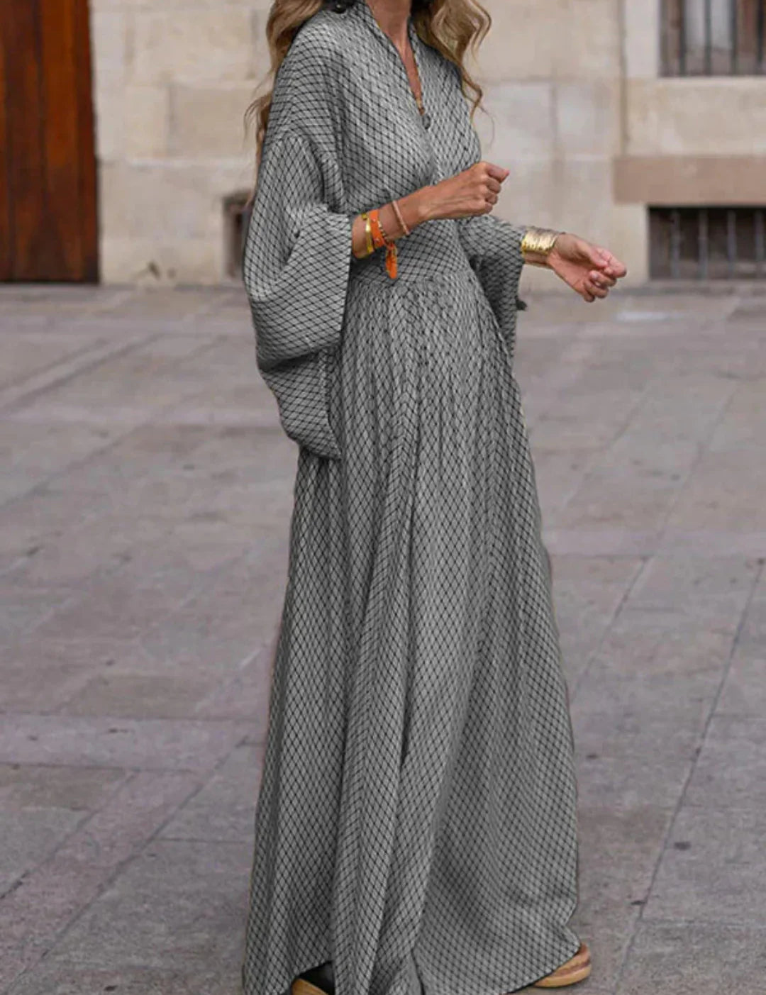 Vestido largo con estampado geométrico para mujer, mangas largas y escote en V