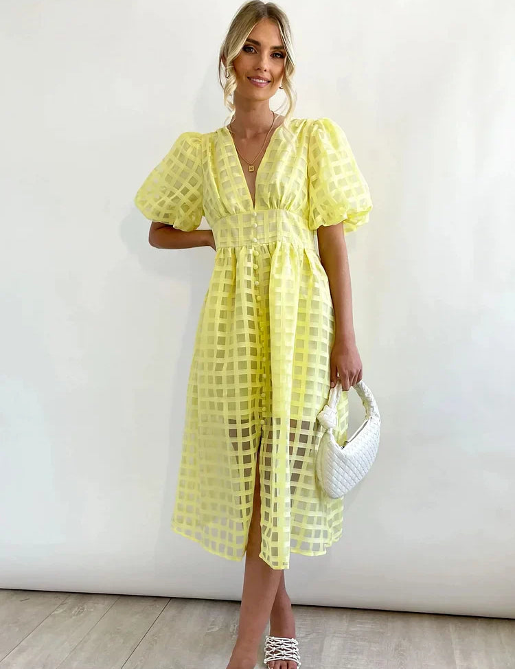 Vestido midi de mujer con mangas abullonadas y estampado de cuadrícula