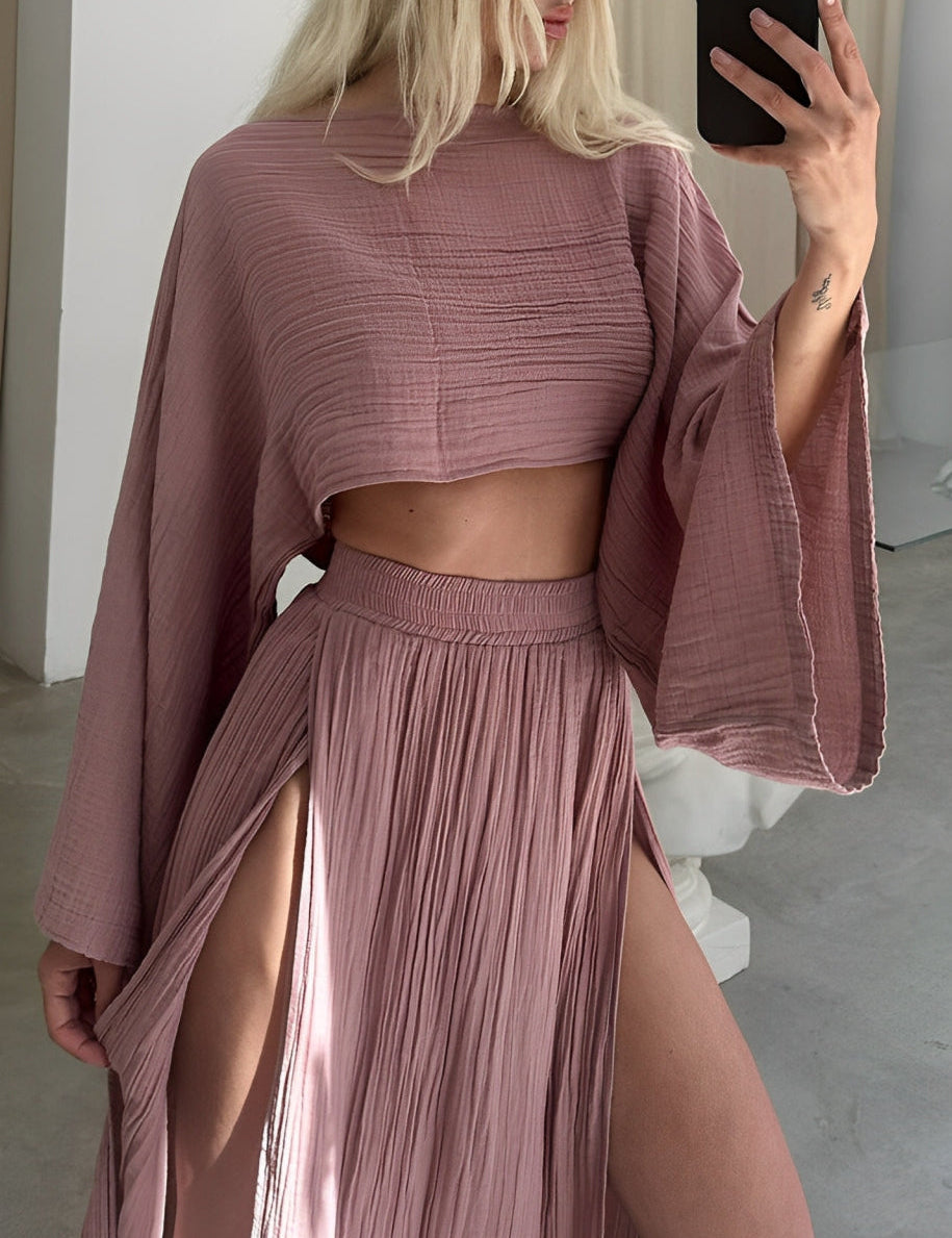 Conjunto de dos piezas de falda larga con abertura y top corto fluido para mujer