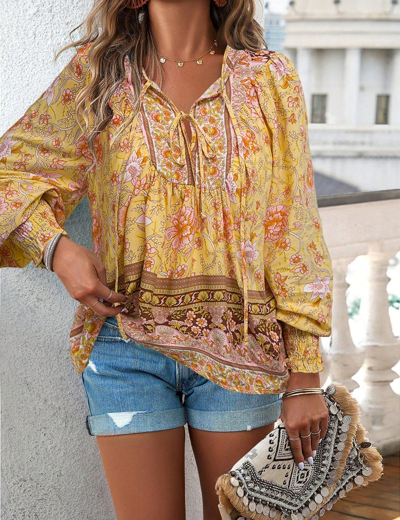 Túnica bohemia floral para mujer con mangas largas y cuello en V con lazo