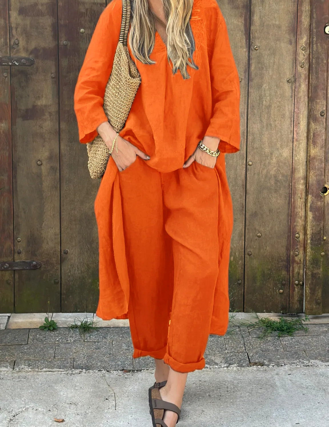 Conjunto de dos piezas extragrande para mujer con top largo y pantalones cortos