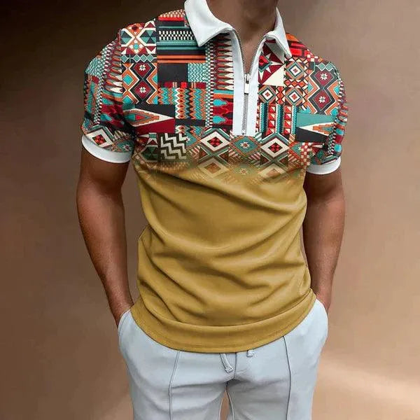 Polo de manga corta para hombre con diseño de rayas y cremallera retro