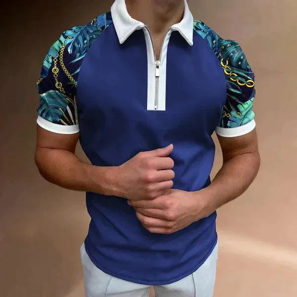 Polo de manga corta para hombre con diseño de rayas y cremallera retro