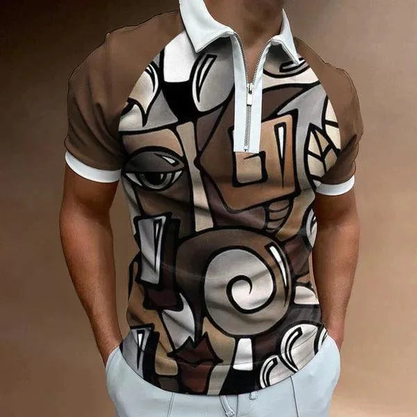 Polo de manga corta para hombre con diseño de rayas y cremallera retro