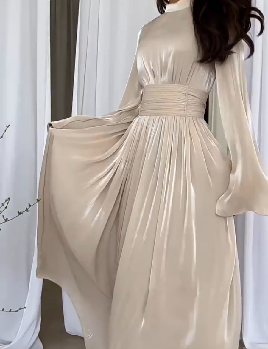 Women's Long Sleeve Maxi Dress with Waistband and High Neckline