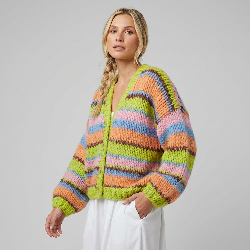 Cárdigan de punto grueso colorido para mujer con diseño frontal abierto