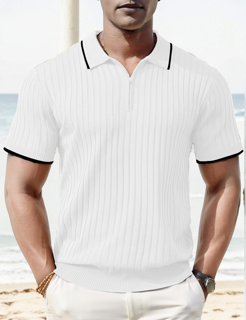 Polo de manga corta acanalado con cremallera y ribete en contraste para hombre