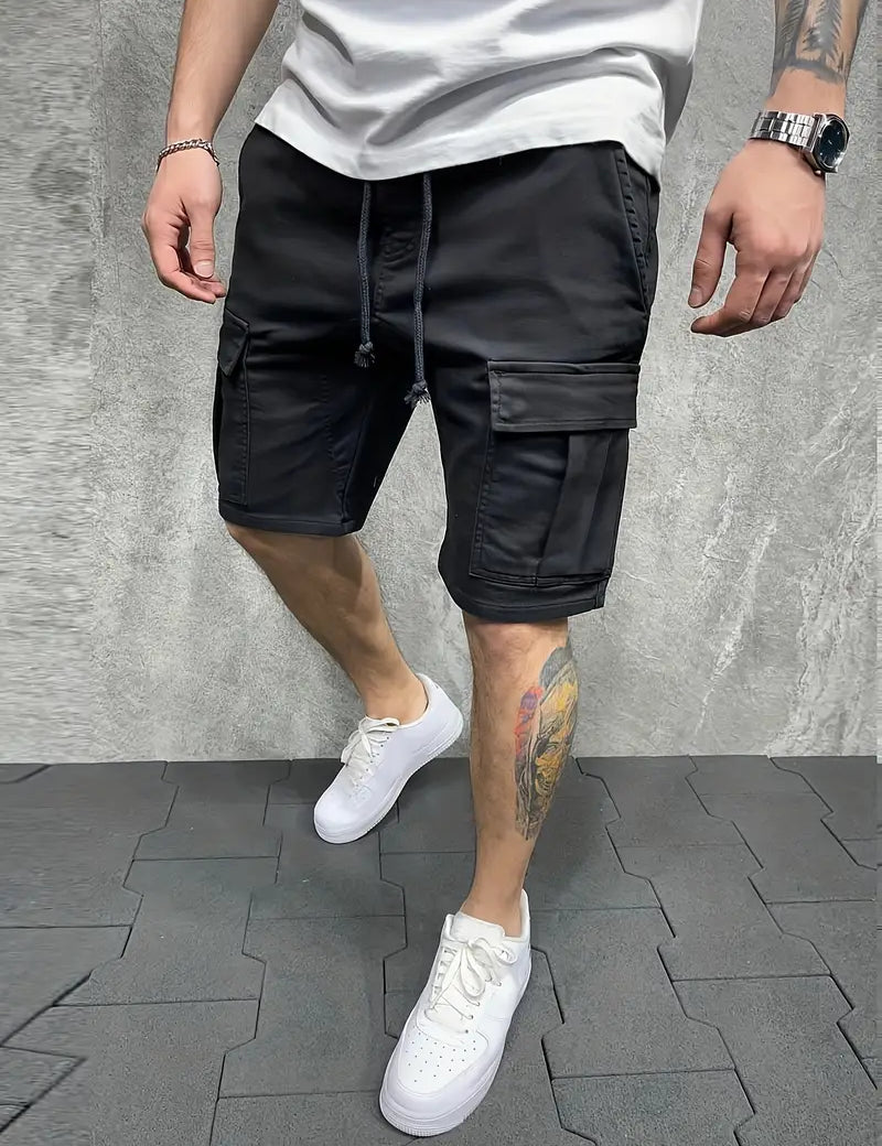 Pantalones cortos cargo ajustados para hombre con cintura con cordón y bolsillos utilitarios