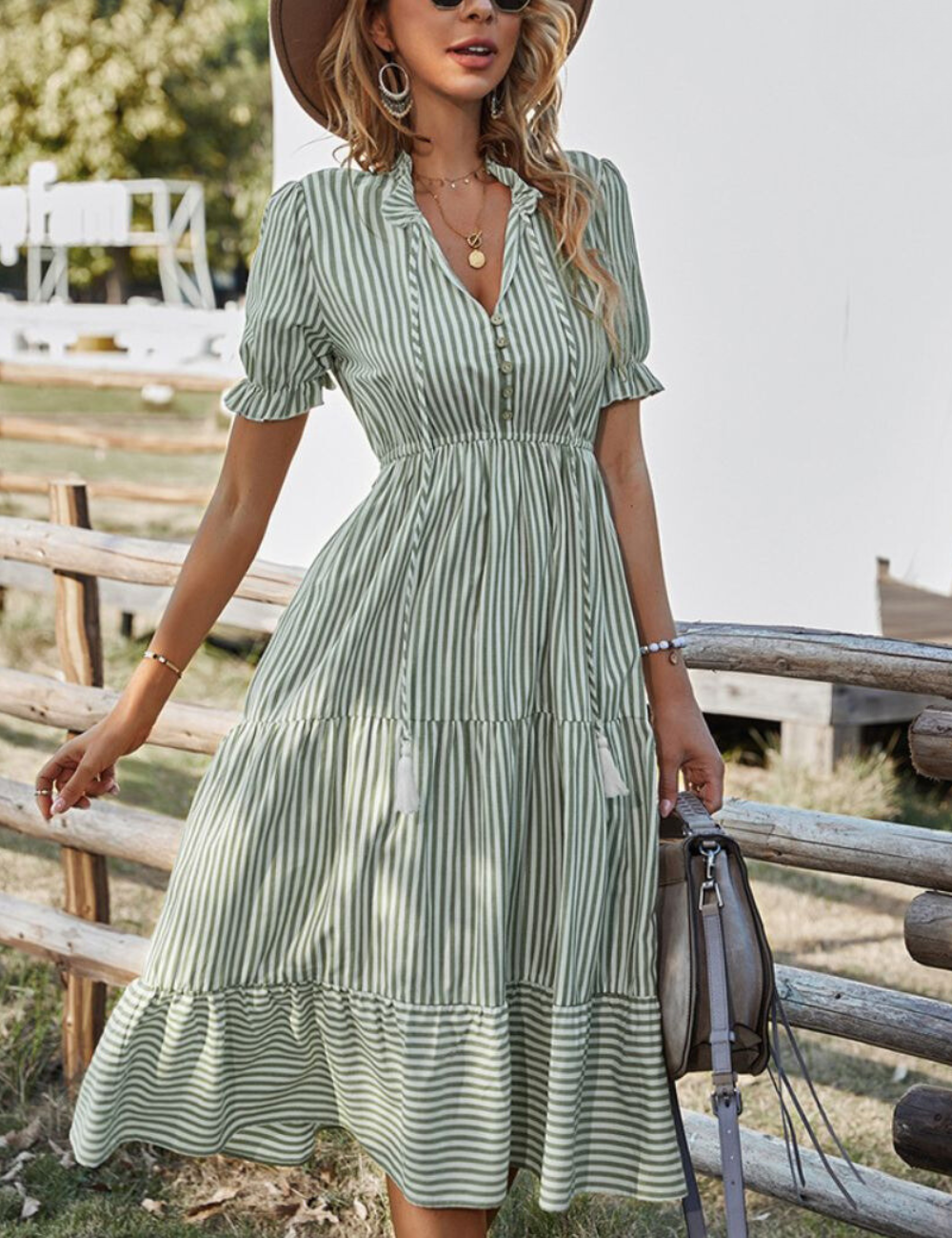 Vestido midi de rayas para mujer con mangas abullonadas y escote en pico delantero
