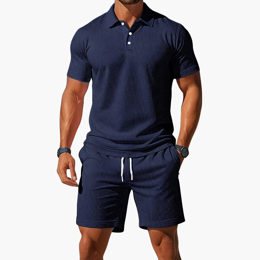 Conjunto de polo y pantalón corto de manga corta para hombre con cintura con cordón