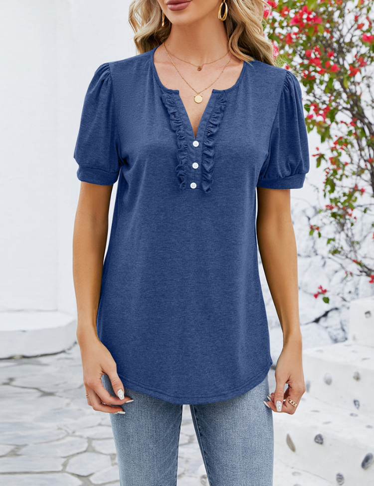 Blusa de manga corta para mujer con botones delanteros y mangas abullonadas