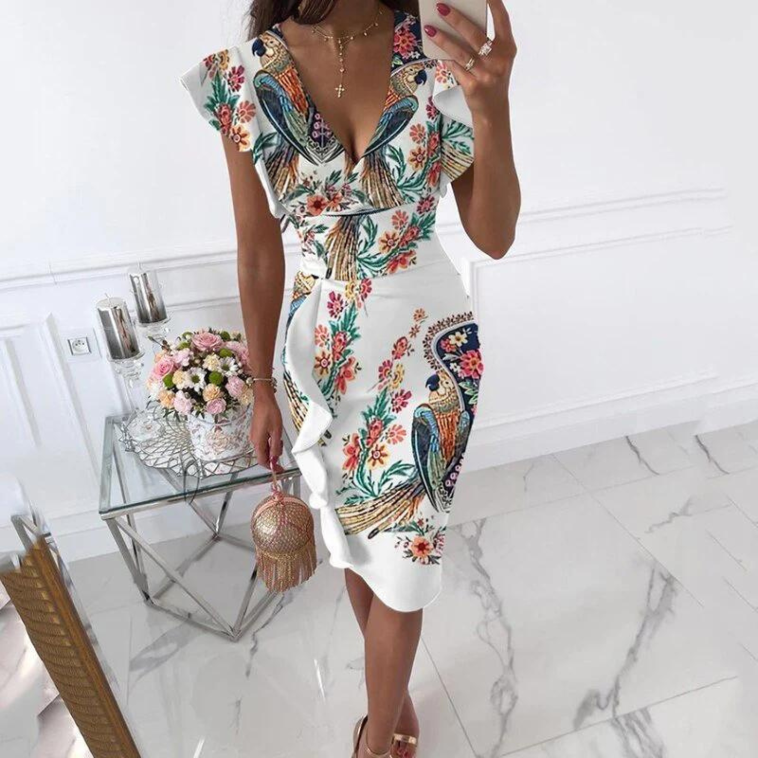 Vestido midi floral con escote en V para mujer, mangas con volantes y drapeado