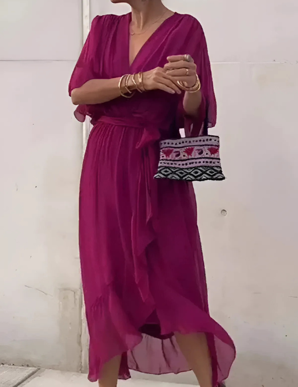 Vestido midi ligero con cuello en V y mangas drapeadas para mujer