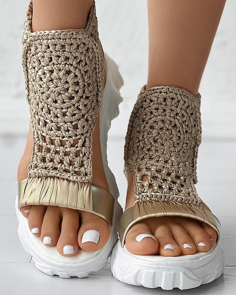 Sandalias de plataforma para mujer con parte superior de punto de crochet y punta abierta